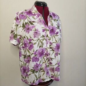 Erika Womens XL Purple Floral Button Down Short Sleeve Cotton Clip Dot Blouse